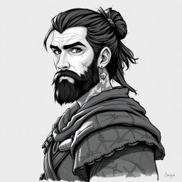 A greyscale illustration portrait of a dwarf rogue resembling a younger Thorin Oakenshield, looking forward with a confident expression