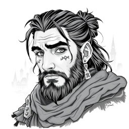 A greyscale illustration portrait of a dwarf rogue resembling a younger Thorin Oakenshield, looking forward with a confident expression