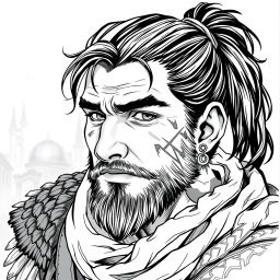 A greyscale illustration portrait of a dwarf rogue resembling a younger Thorin Oakenshield, looking forward with a confident expression