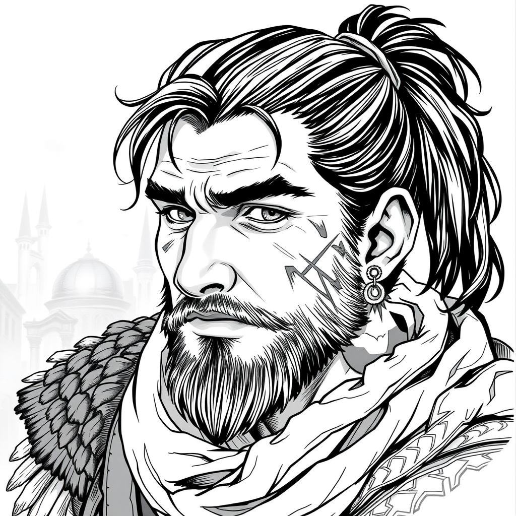 A greyscale illustration portrait of a dwarf rogue resembling a younger Thorin Oakenshield, looking forward with a confident expression