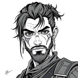 A greyscale illustration portrait of a dwarf rogue inspired by a younger Thorin Oakenshield, looking directly forward