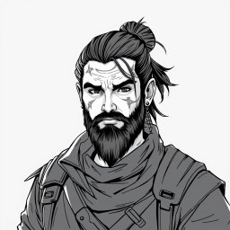 A greyscale illustration portrait of a dwarf rogue inspired by a younger Thorin Oakenshield, looking directly forward