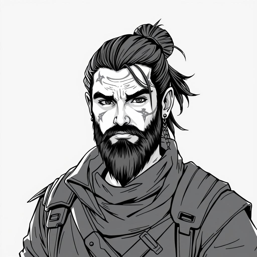 A greyscale illustration portrait of a dwarf rogue inspired by a younger Thorin Oakenshield, looking directly forward