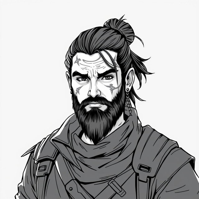 A greyscale illustration portrait of a dwarf rogue inspired by a younger Thorin Oakenshield, looking directly forward