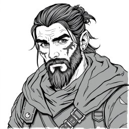 A greyscale illustration portrait of a dwarf rogue inspired by a younger Thorin Oakenshield, looking directly forward