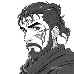 A greyscale illustration portrait in anime style of a dwarf rogue resembling a younger Thorin Oakenshield, looking forward