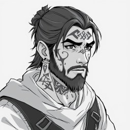 A greyscale illustration portrait in anime style of a dwarf rogue resembling a younger Thorin Oakenshield, looking forward