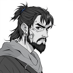 A greyscale illustration portrait in anime style of a dwarf rogue resembling a younger Thorin Oakenshield, looking forward