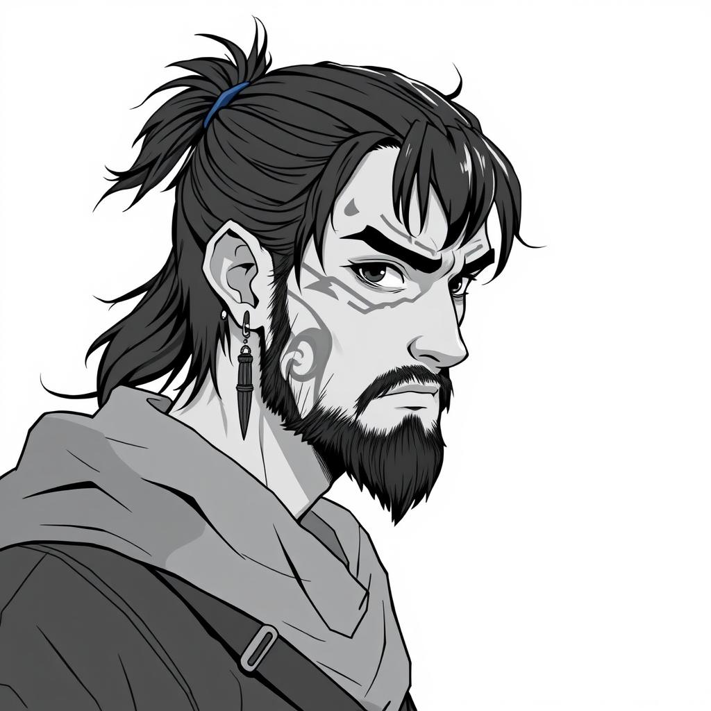 A greyscale illustration portrait in anime style of a dwarf rogue resembling a younger Thorin Oakenshield, looking forward