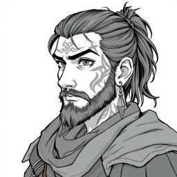 A greyscale illustration portrait in anime style of a dwarf rogue resembling a younger Thorin Oakenshield, looking forward