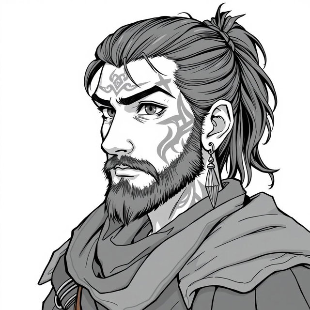 A greyscale illustration portrait in anime style of a dwarf rogue resembling a younger Thorin Oakenshield, looking forward