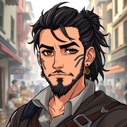 An illustration portrait in anime style featuring a dwarf rogue reminiscent of a younger Thorin Oakenshield, looking confidently forward