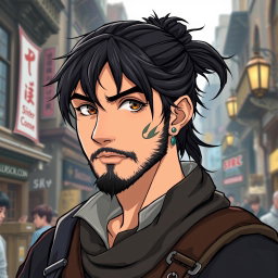 An illustration portrait in anime style featuring a dwarf rogue reminiscent of a younger Thorin Oakenshield, looking confidently forward