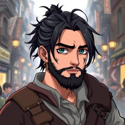 An illustration portrait in anime style featuring a dwarf rogue reminiscent of a younger Thorin Oakenshield, looking confidently forward