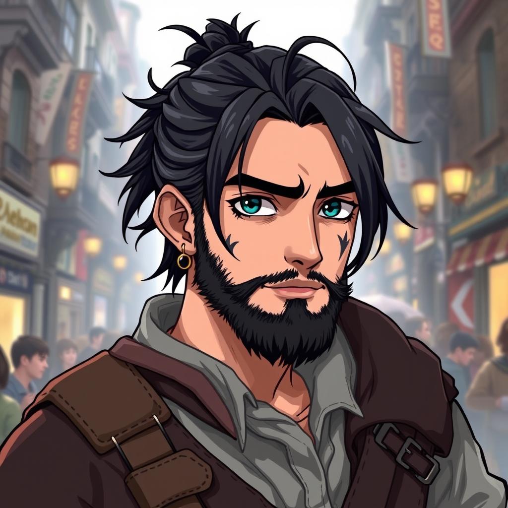 An illustration portrait in anime style featuring a dwarf rogue reminiscent of a younger Thorin Oakenshield, looking confidently forward