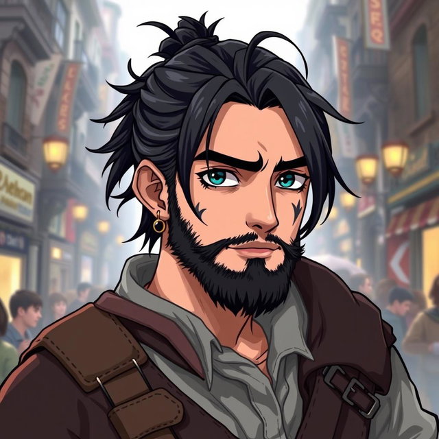 An illustration portrait in anime style featuring a dwarf rogue reminiscent of a younger Thorin Oakenshield, looking confidently forward