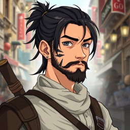 An illustration portrait in anime style featuring a dwarf rogue reminiscent of a younger Thorin Oakenshield, looking confidently forward