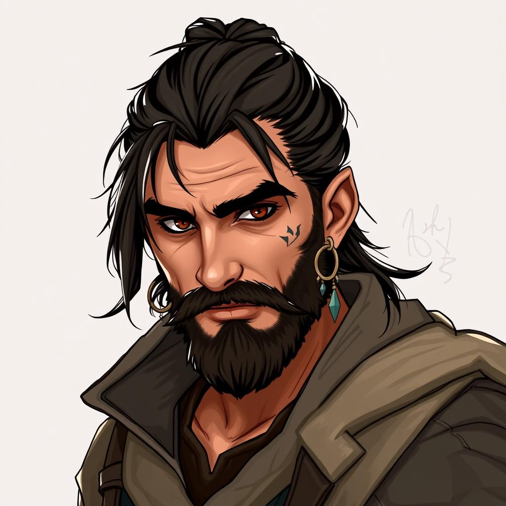 An illustration portrait of a dwarf rogue, resembling a younger Thorin Oakenshield, looking directly at the viewer