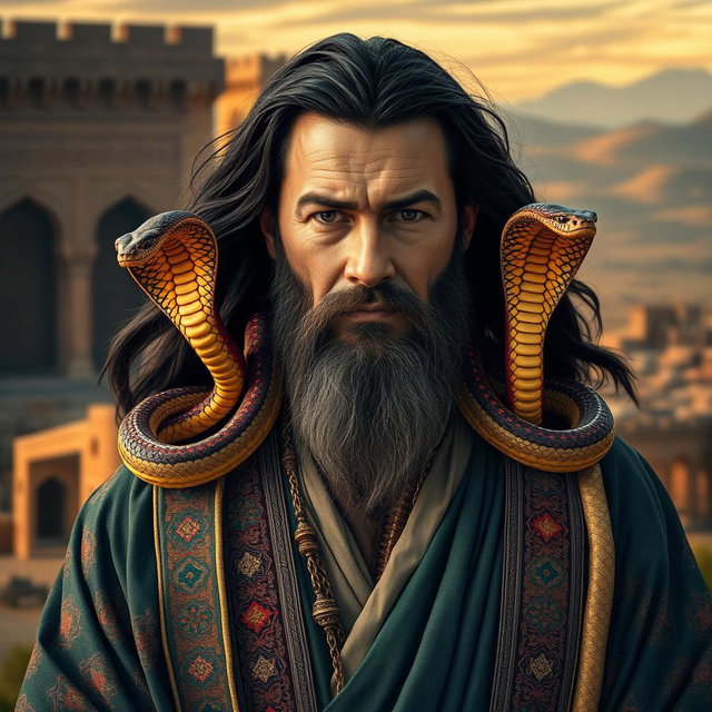 A middle-aged man from ancient Iran, dressed in traditional Persian attire, featuring richly embroidered fabric