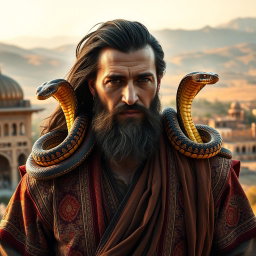A middle-aged man from ancient Iran, dressed in traditional Persian attire, featuring richly embroidered fabric