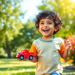 A heartwarming portrait of a young boy joyfully playing in a sunlit park