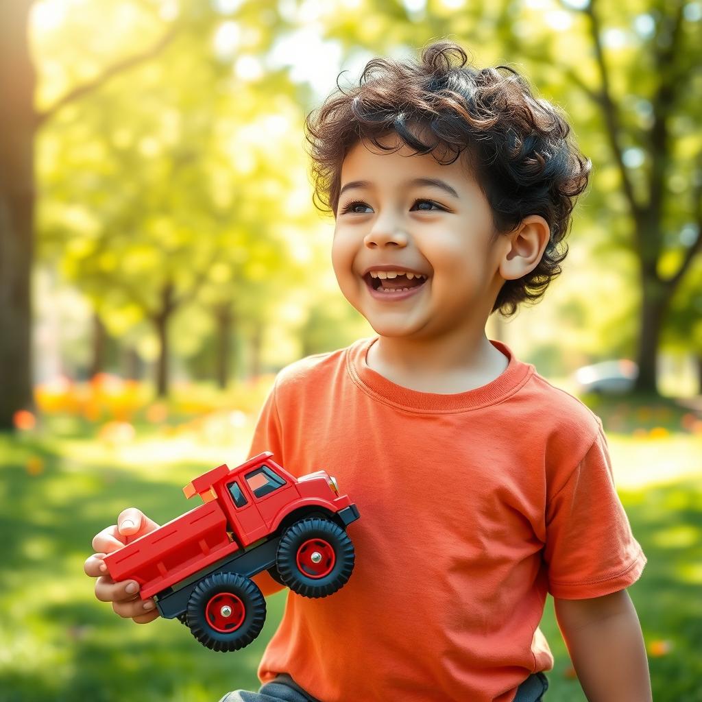 A heartwarming portrait of a young boy joyfully playing in a sunlit park