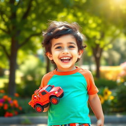 A heartwarming portrait of a young boy joyfully playing in a sunlit park
