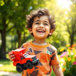 A heartwarming portrait of a young boy joyfully playing in a sunlit park