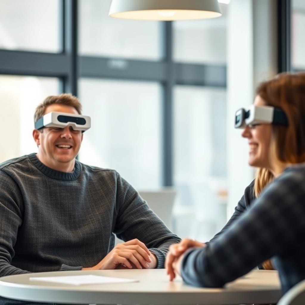 A deaf and mute individual wearing a special smart glasses designed for deaf people, engaging in communication