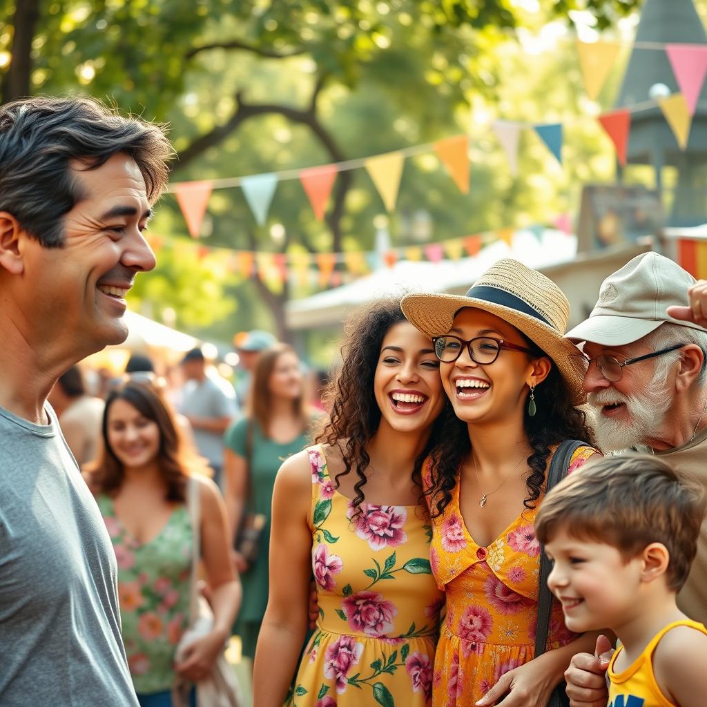 A lively group of people enjoying a summer festival in a park