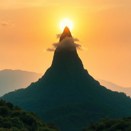 A serene landscape featuring a high, sharp mountain resembling the silhouette of a girl meditating