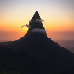 A serene landscape featuring a high, sharp mountain resembling the silhouette of a girl meditating