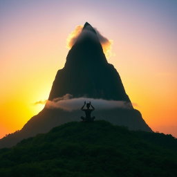 A serene landscape featuring a high, sharp mountain resembling the silhouette of a girl meditating