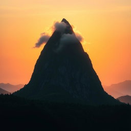 A serene landscape featuring a high, sharp mountain resembling the silhouette of a girl meditating