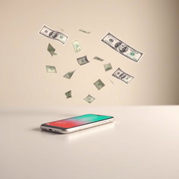 A simple yet engaging image featuring a mobile phone placed on a smooth surface, with various denominations of flying money and dollar bills swirling around it