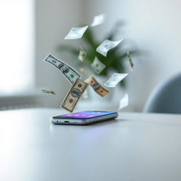 A simple yet engaging image featuring a mobile phone placed on a smooth surface, with various denominations of flying money and dollar bills swirling around it