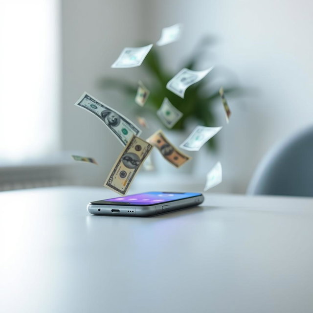 A simple yet engaging image featuring a mobile phone placed on a smooth surface, with various denominations of flying money and dollar bills swirling around it