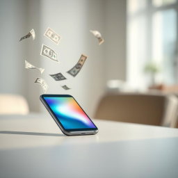 A simple yet engaging image featuring a mobile phone placed on a smooth surface, with various denominations of flying money and dollar bills swirling around it