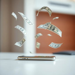 A simple yet engaging image featuring a mobile phone placed on a smooth surface, with various denominations of flying money and dollar bills swirling around it
