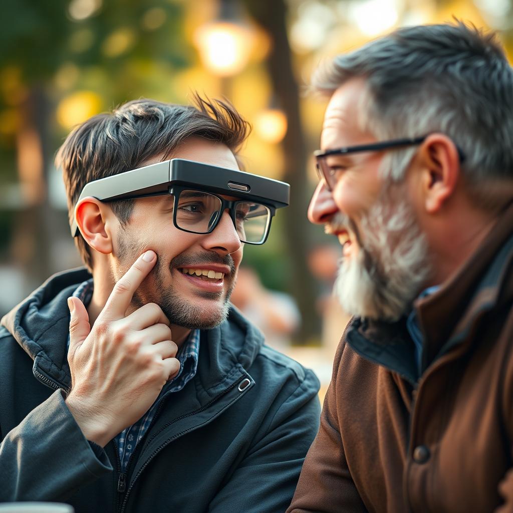 A deaf and mute man wearing a special smart glasses designed for deaf individuals, attempting to communicate with another man
