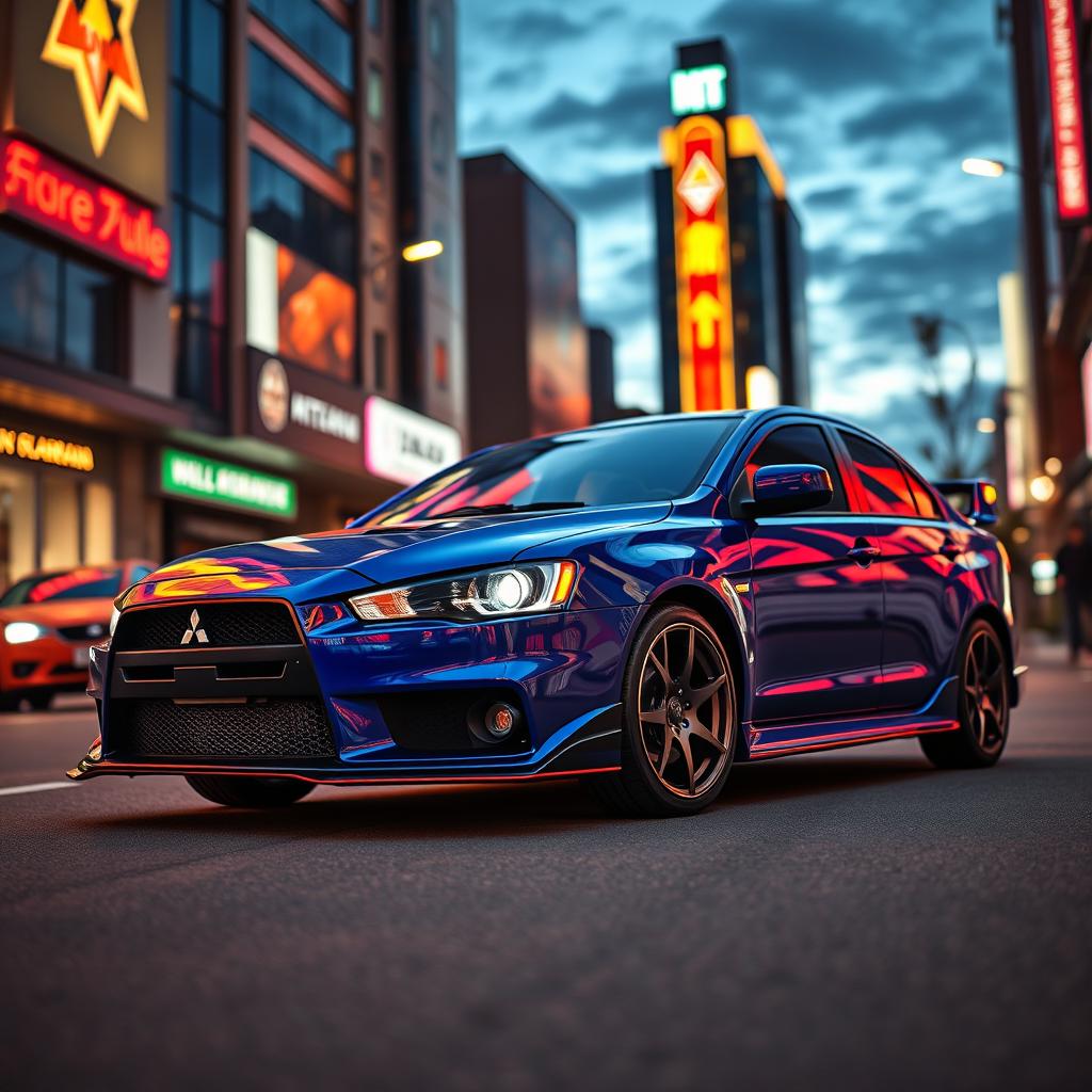 A stunning Mitsubishi Lancer with a sleek and sporty boxy design, showcased in an urban environment