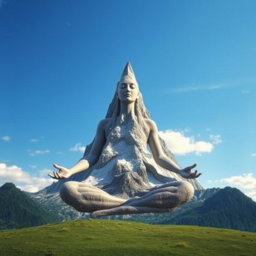 A surreal landscape depicting a high, sharp mountain resembling a meditating girl