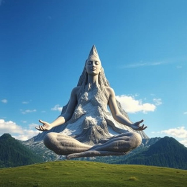 A surreal landscape depicting a high, sharp mountain resembling a meditating girl