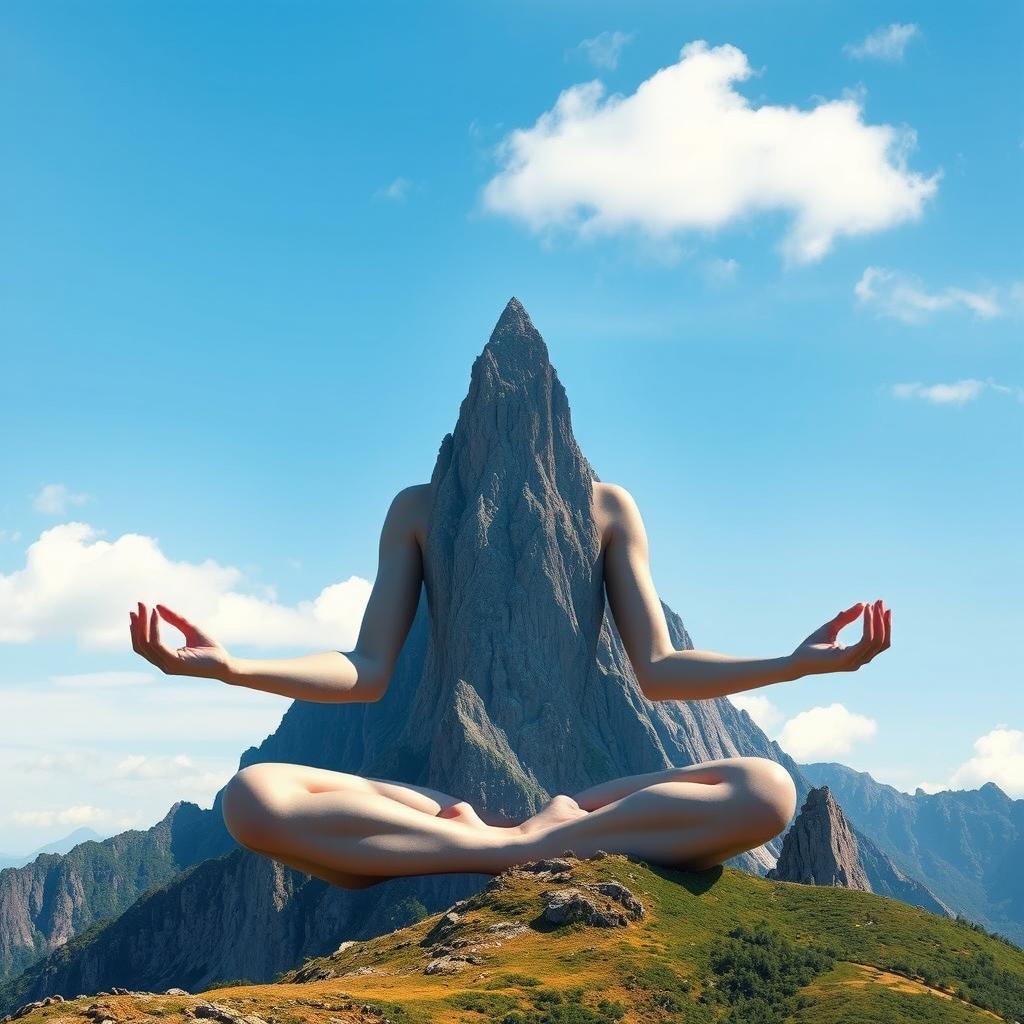 A surreal landscape depicting a high, sharp mountain resembling a meditating girl
