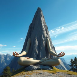 A surreal landscape depicting a high, sharp mountain resembling a meditating girl