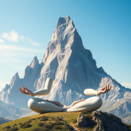 A surreal landscape depicting a high, sharp mountain resembling a meditating girl