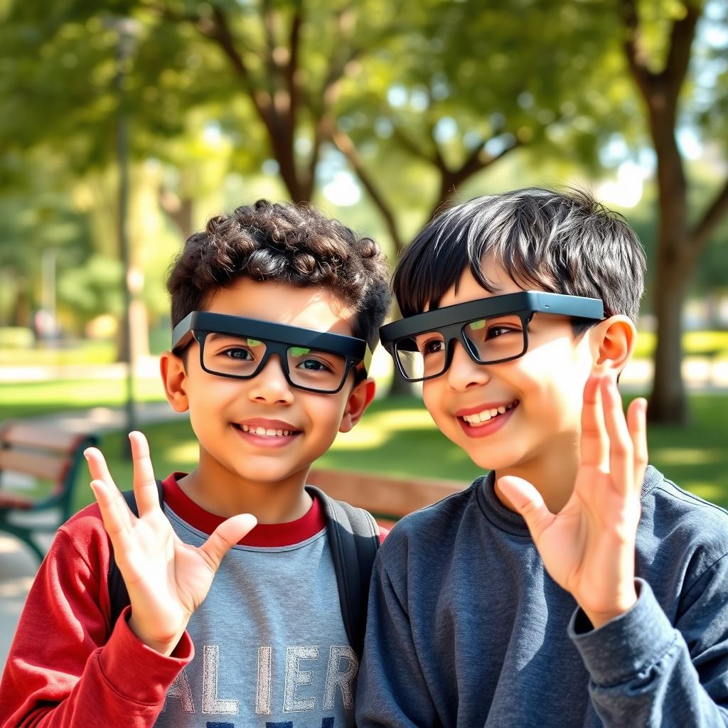 A scene depicting two young deaf boys wearing smart glasses designed for the hearing impaired