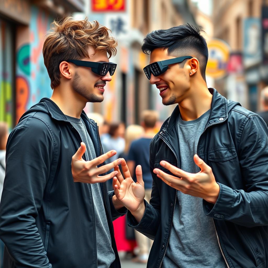 A scene depicting two young deaf men wearing smart glasses designed for the hearing impaired
