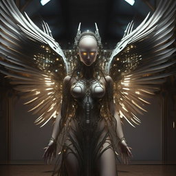 A futuristic AI angel in a serene setting, endowed with metallic wings, glowing eyes and intricate circuits replacing traditional feather undertones.
