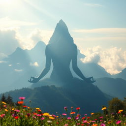 A majestic mountain landscape that resembles the serene figure of a girl in a meditative pose, surrounded by lush greenery and soft clouds